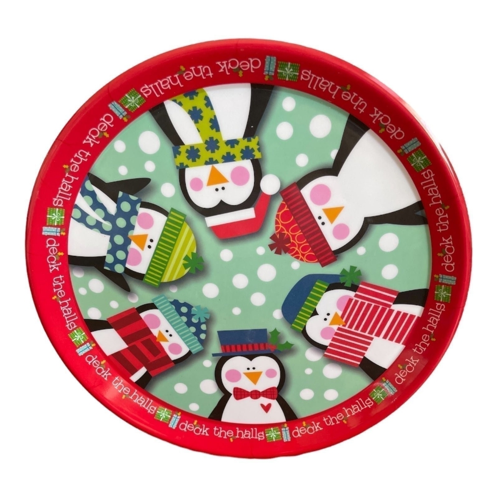 Penguins Round Christmas Tray Plate Holiday Decor 14” Accent NWOT